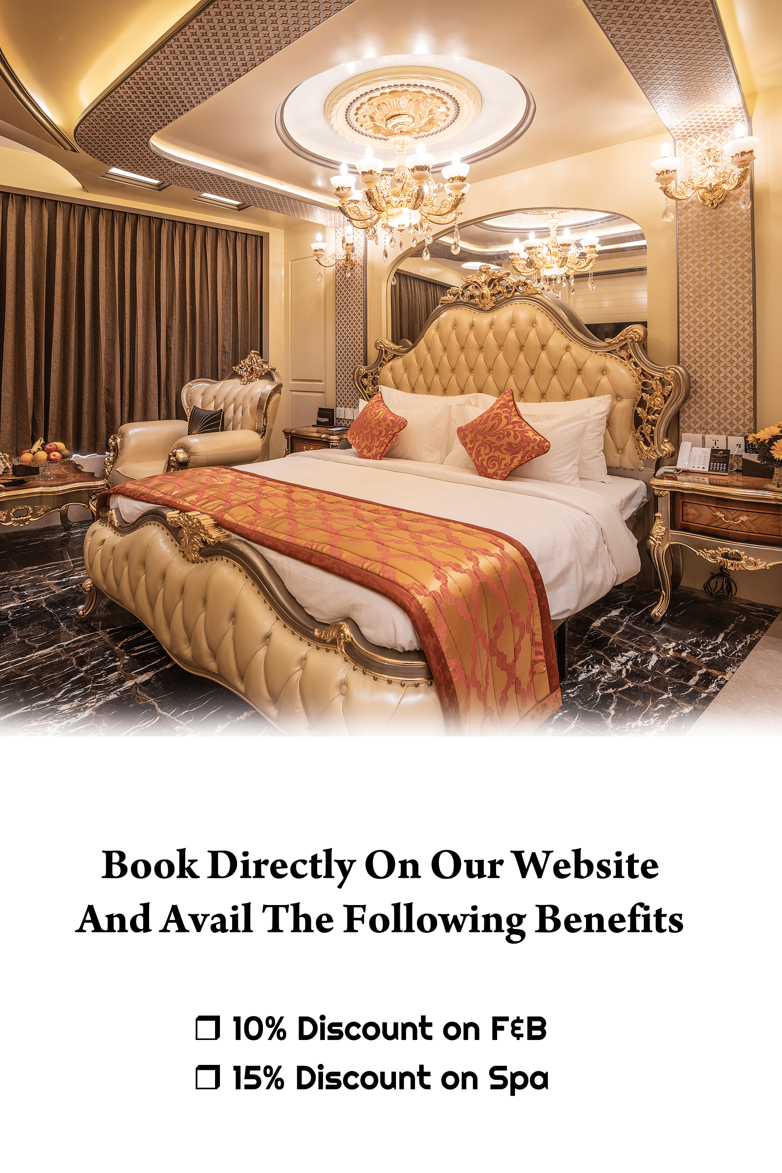 Creative image showcasing a room with a cozy king-sized bed, highlighting the special room discount offer